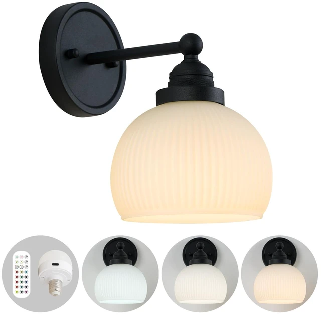 Main image of HEQIQEH Vintage Rechargeable Battery Operated Sconce Wall Lighting with Remote Control, Dimmable Ribbed White Glass Shade Wall Mounted Lamp Fixture for Bedroom Vanity Bathroom Living Room