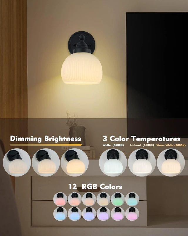 Alt view image 5 of 7 - HEQIQEH Vintage Rechargeable Battery Operated Sconce Wall Lighting with Remote Control, Dimmable Ribbed White Glass Shade Wall Mounted Lamp Fixture for Bedroom Vanity Bathroom Living Room