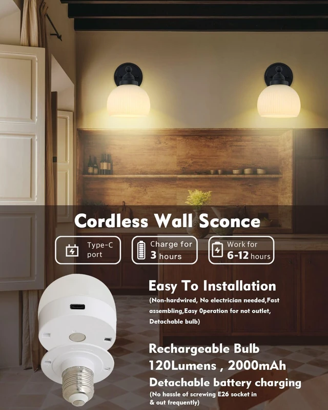 Alt view image 6 of 7 - HEQIQEH Vintage Rechargeable Battery Operated Sconce Wall Lighting with Remote Control, Dimmable Ribbed White Glass Shade Wall Mounted Lamp Fixture for Bedroom Vanity Bathroom Living Room