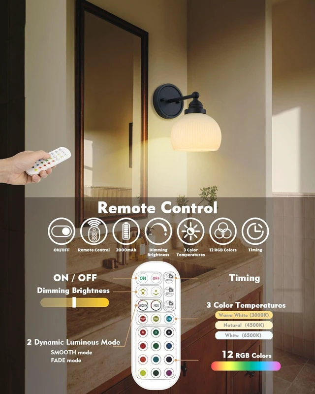 Alt view image 7 of 7 - HEQIQEH Vintage Rechargeable Battery Operated Sconce Wall Lighting with Remote Control, Dimmable Ribbed White Glass Shade Wall Mounted Lamp Fixture for Bedroom Vanity Bathroom Living Room