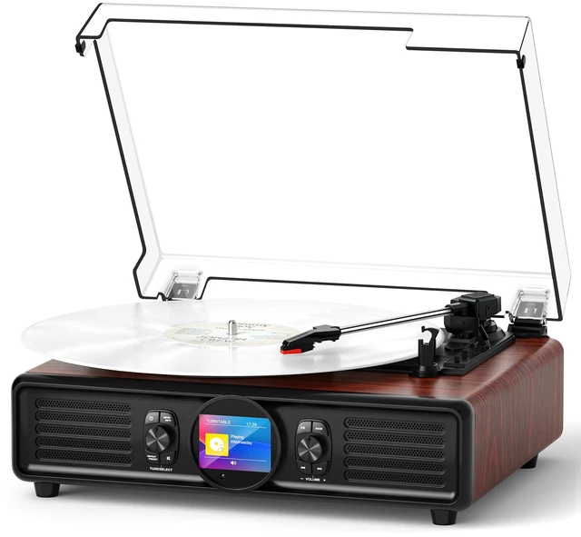 Main image of MANGOSTAN Red Burl Wood Bluetooth Record Player, 3-Speed Turntable | Red burl wood design with Bluetooth, 3-speed playback, color display, USB playback, PC recording and stereo speakers.