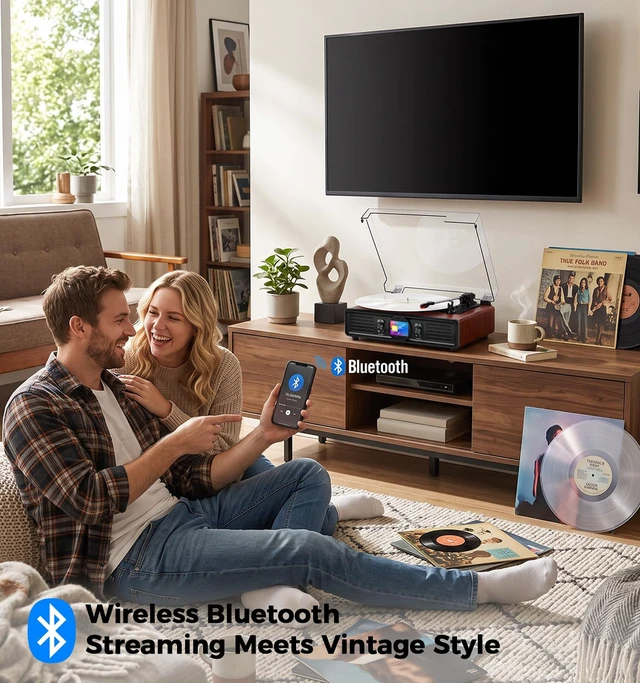 Alt view image 2 of 7 - MANGOSTAN Red Burl Wood Bluetooth Record Player, 3-Speed Turntable | Red burl wood design with Bluetooth, 3-speed playback, color display, USB playback, PC recording and stereo speakers.