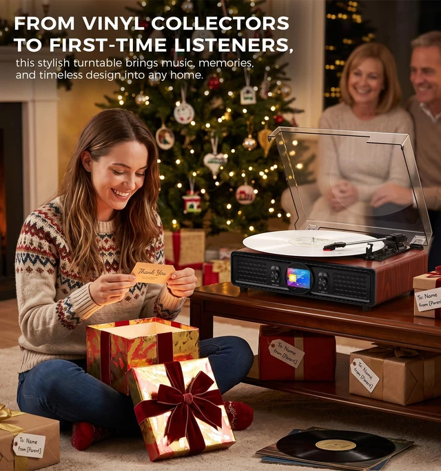 Alt view image 4 of 7 - MANGOSTAN Red Burl Wood Bluetooth Record Player, 3-Speed Turntable | Red burl wood design with Bluetooth, 3-speed playback, color display, USB playback, PC recording and stereo speakers.