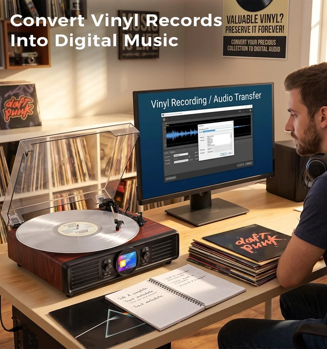 Alt view image 5 of 7 - MANGOSTAN Red Burl Wood Bluetooth Record Player, 3-Speed Turntable | Red burl wood design with Bluetooth, 3-speed playback, color display, USB playback, PC recording and stereo speakers.