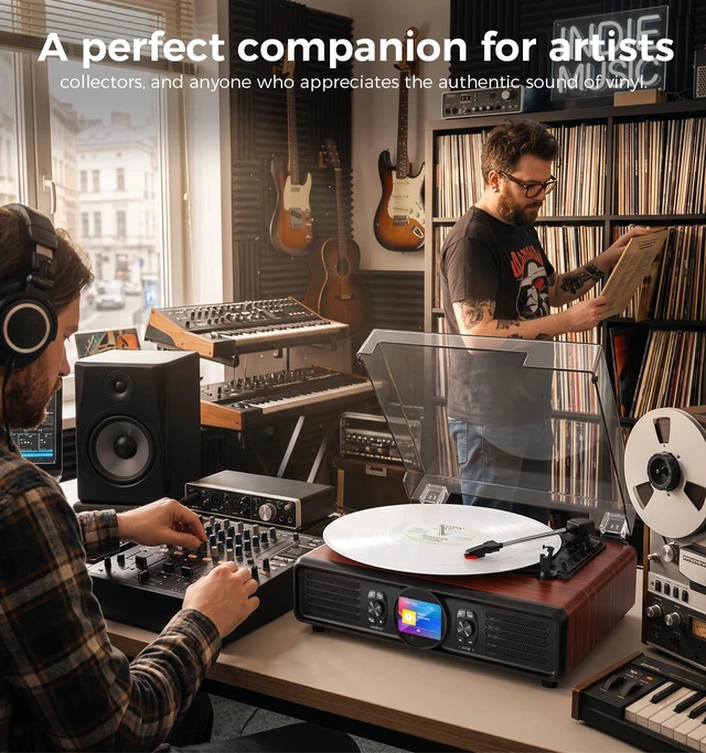 Alt view image 6 of 7 - MANGOSTAN Red Burl Wood Bluetooth Record Player, 3-Speed Turntable | Red burl wood design with Bluetooth, 3-speed playback, color display, USB playback, PC recording and stereo speakers.