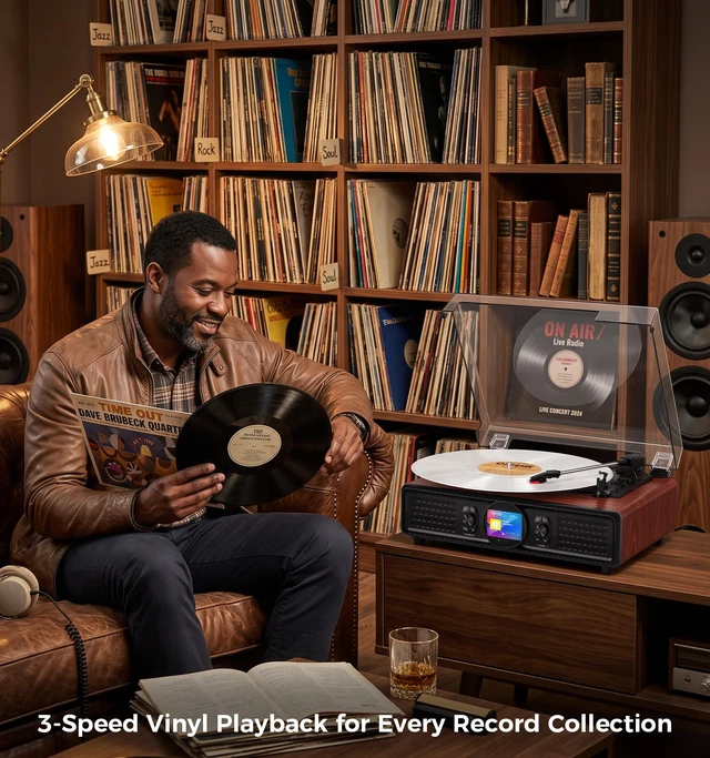 Alt view image 7 of 7 - MANGOSTAN Red Burl Wood Bluetooth Record Player, 3-Speed Turntable | Red burl wood design with Bluetooth, 3-speed playback, color display, USB playback, PC recording and stereo speakers.