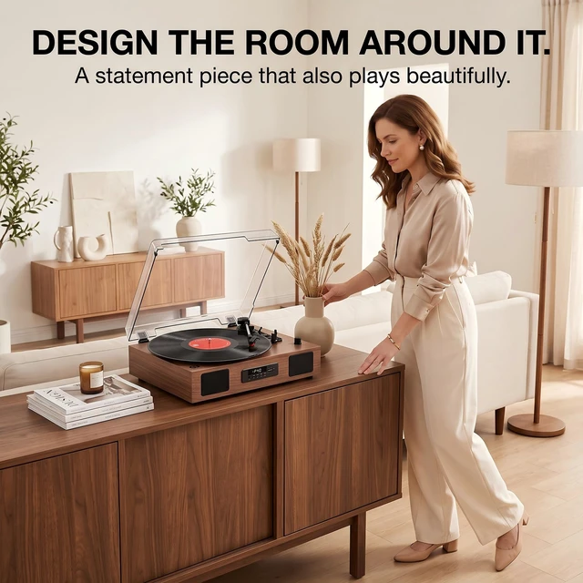 Alt view image 2 of 7 - Vinyl Record Player Bluetooth Turntable with Built-in Stereo Speakers | USB Recording, Vinyl to Digital, RCA Output, AUX Input, Digital Display, 3 Speed & Auto Stop, Vintage Walnut Wood