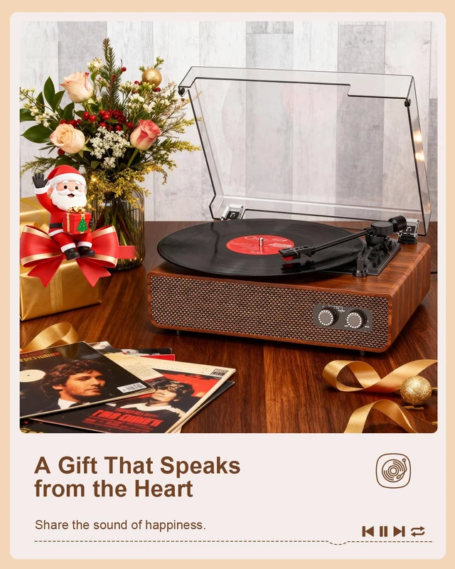 Alt view image 6 of 7 - Vinyl Record Player 3-Speed Vintage Turntable with Upgraded Speakers | Bluetooth LP Turntable with Independent Cavities, RCA Outpt, AUX Input, Brown