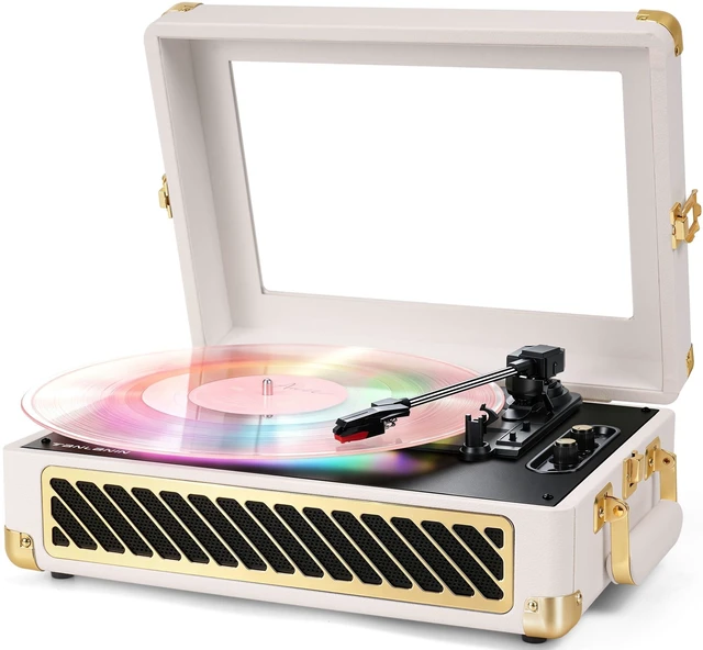 Main image of RGB Vinyl Record Player Suitcase Turntable, Clear Viewing Window & Lighting | Built-in Speakers, 3-Speed Belt-Drive, Wireless Bluetooth Input, Tone Control, AUX & RCA Output, White Gold Finish
