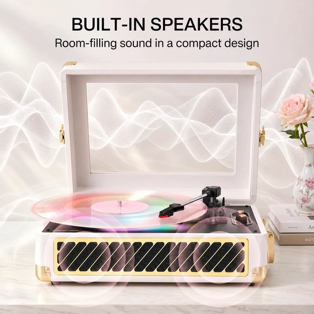 Alt view image 2 of 7 - RGB Vinyl Record Player Suitcase Turntable, Clear Viewing Window & Lighting | Built-in Speakers, 3-Speed Belt-Drive, Wireless Bluetooth Input, Tone Control, AUX & RCA Output, White Gold Finish