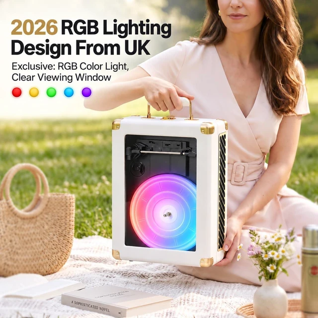 Alt view image 3 of 7 - RGB Vinyl Record Player Suitcase Turntable, Clear Viewing Window & Lighting | Built-in Speakers, 3-Speed Belt-Drive, Wireless Bluetooth Input, Tone Control, AUX & RCA Output, White Gold Finish
