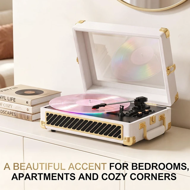 Alt view image 4 of 7 - RGB Vinyl Record Player Suitcase Turntable, Clear Viewing Window & Lighting | Built-in Speakers, 3-Speed Belt-Drive, Wireless Bluetooth Input, Tone Control, AUX & RCA Output, White Gold Finish