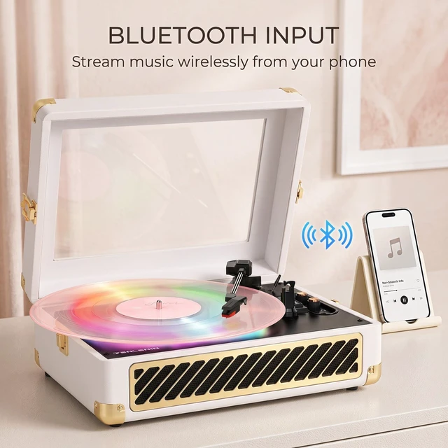 Alt view image 6 of 7 - RGB Vinyl Record Player Suitcase Turntable, Clear Viewing Window & Lighting | Built-in Speakers, 3-Speed Belt-Drive, Wireless Bluetooth Input, Tone Control, AUX & RCA Output, White Gold Finish