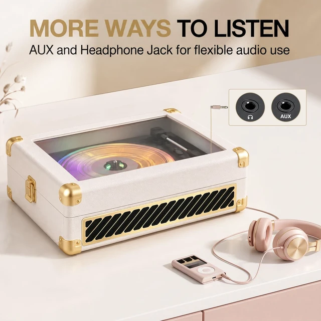 Alt view image 5 of 7 - RGB Vinyl Record Player Suitcase Turntable, Clear Viewing Window & Lighting | Built-in Speakers, 3-Speed Belt-Drive, Wireless Bluetooth Input, Tone Control, AUX & RCA Output, White Gold Finish