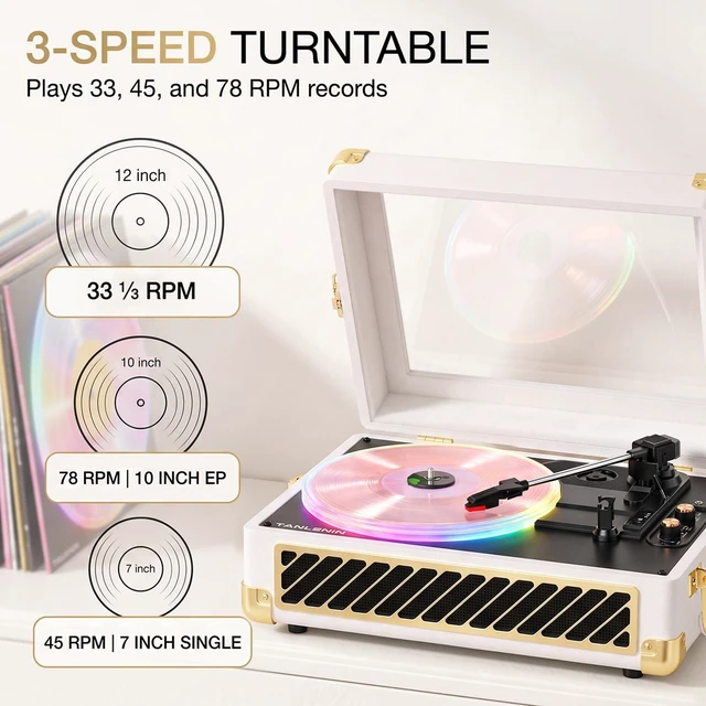 Alt view image 7 of 7 - RGB Vinyl Record Player Suitcase Turntable, Clear Viewing Window & Lighting | Built-in Speakers, 3-Speed Belt-Drive, Wireless Bluetooth Input, Tone Control, AUX & RCA Output, White Gold Finish