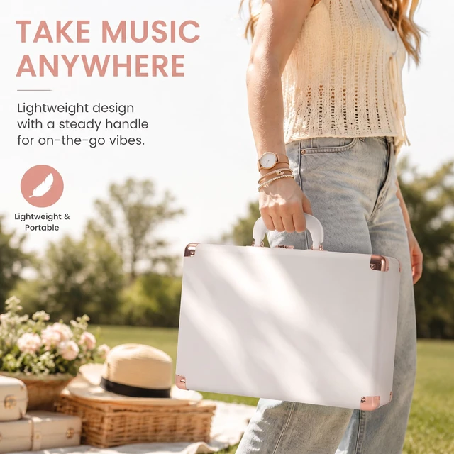 Alt view image 5 of 7 - Vinyl Record Player with Speakers, Bluetooth, Tone Control, White | Vintage 3-speed portable suitcase turntable with rose gold hardware for stylish bedroom decor, vinyl listening & music gifts
