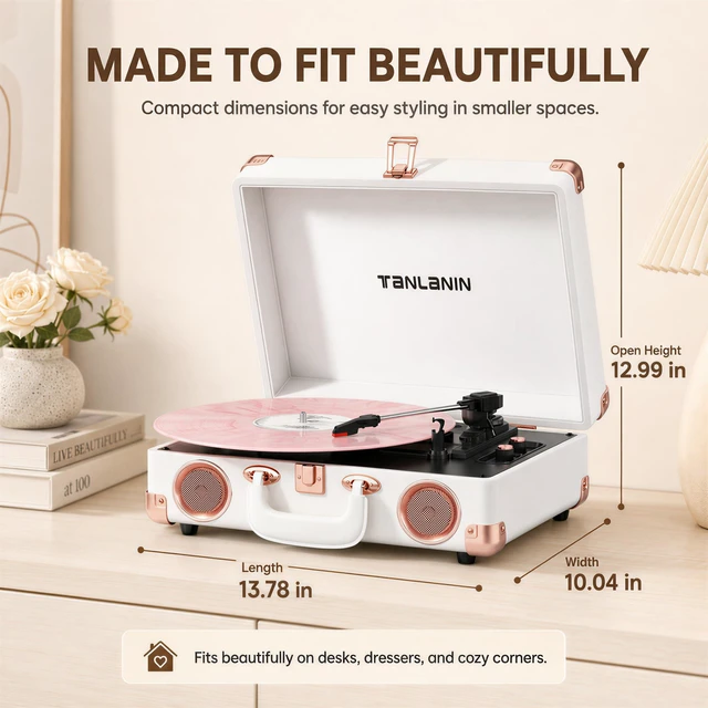 Alt view image 6 of 7 - Vinyl Record Player with Speakers, Bluetooth, Tone Control, White | Vintage 3-speed portable suitcase turntable with rose gold hardware for stylish bedroom decor, vinyl listening & music gifts
