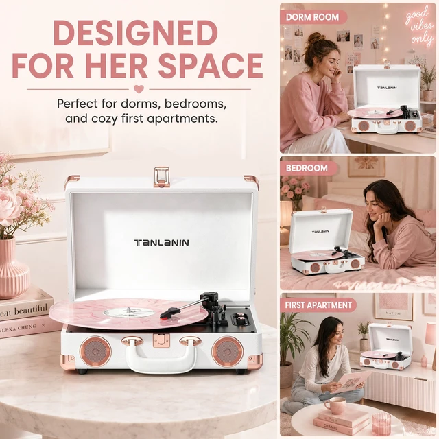 Alt view image 7 of 7 - Vinyl Record Player with Speakers, Bluetooth, Tone Control, White | Vintage 3-speed portable suitcase turntable with rose gold hardware for stylish bedroom decor, vinyl listening & music gifts