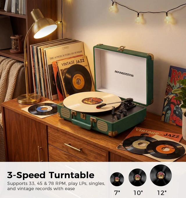 Alt view image 5 of 7 - MANGOSTAN Dark Green Bluetooth Suitcase Record Player, 3-Speed Turntable | Premium PU leather design with 3-speed playback, Bluetooth, stereo speakers, and support for 33/45/78 RPM records.