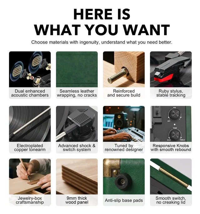 Alt view image 7 of 7 - MANGOSTAN Dark Green Bluetooth Suitcase Record Player, 3-Speed Turntable | Premium PU leather design with 3-speed playback, Bluetooth, stereo speakers, and support for 33/45/78 RPM records.
