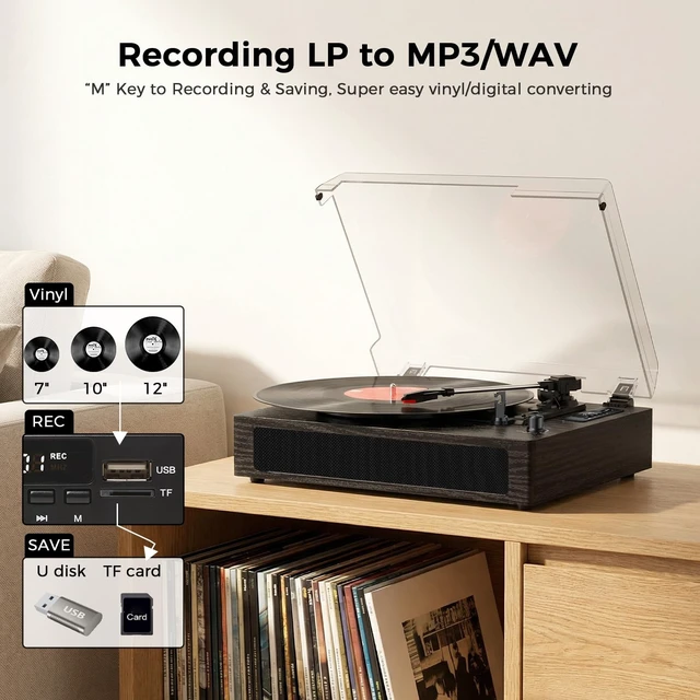 Alt view image 5 of 7 - Vinyl Record Player with Speakers Expanded Size Turntable, Black | Built-in Stereo Speakers USB Recording 3 Speeds Belt Drive Turntables, RCA Output, LED Display, EQ