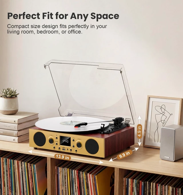 Alt view image 5 of 7 - MANGOSTAN Red Burl Wood Bluetooth Record Player, 3-Speed Turntable | Premium burl wood finish with Bluetooth, 3-speed playback, stereo speakers, LCD display and vintage bronze accents.
