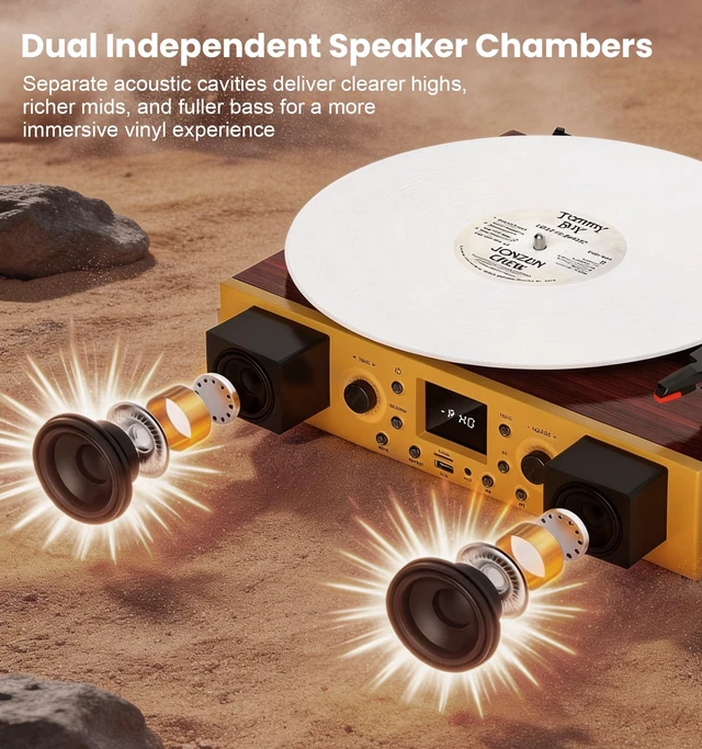 Alt view image 6 of 7 - MANGOSTAN Red Burl Wood Bluetooth Record Player, 3-Speed Turntable | Premium burl wood finish with Bluetooth, 3-speed playback, stereo speakers, LCD display and vintage bronze accents.