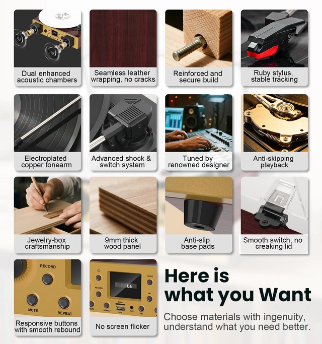 Alt view image 7 of 7 - MANGOSTAN Red Burl Wood Bluetooth Record Player, 3-Speed Turntable | Premium burl wood finish with Bluetooth, 3-speed playback, stereo speakers, LCD display and vintage bronze accents.
