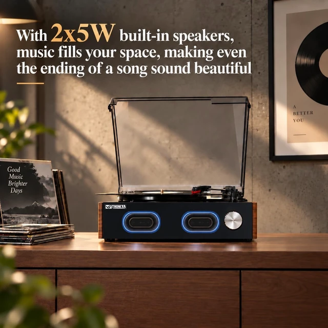 Alt view image 2 of 7 - THINKYA Vinyl Record Player with Speakers, Bluetooth Vintage Turntables | RP-T01 2.0 All-in-one 3-Speed BT Turntable, Plays 7/10/12" Records, 33/45/78 RPM, Belt-Driven, Auto-Stop & RCA Output