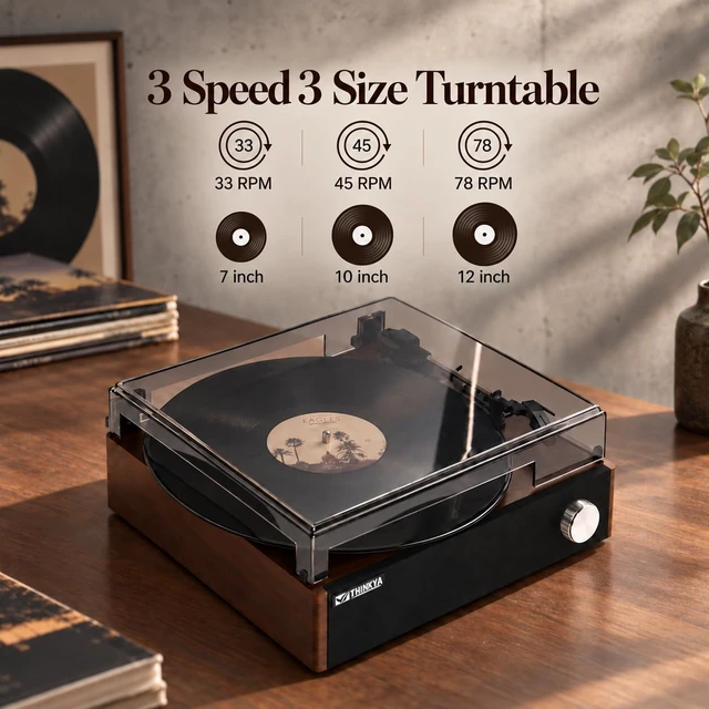 Alt view image 3 of 7 - THINKYA Vinyl Record Player with Speakers, Bluetooth Vintage Turntables | RP-T01 2.0 All-in-one 3-Speed BT Turntable, Plays 7/10/12" Records, 33/45/78 RPM, Belt-Driven, Auto-Stop & RCA Output
