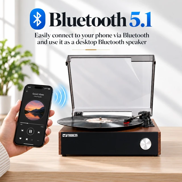 Alt view image 5 of 7 - THINKYA Vinyl Record Player with Speakers, Bluetooth Vintage Turntables | RP-T01 2.0 All-in-one 3-Speed BT Turntable, Plays 7/10/12" Records, 33/45/78 RPM, Belt-Driven, Auto-Stop & RCA Output