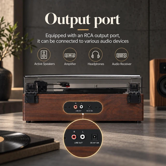 Alt view image 6 of 7 - THINKYA Vinyl Record Player with Speakers, Bluetooth Vintage Turntables | RP-T01 2.0 All-in-one 3-Speed BT Turntable, Plays 7/10/12" Records, 33/45/78 RPM, Belt-Driven, Auto-Stop & RCA Output