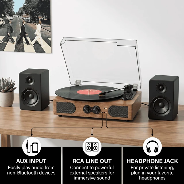 Alt view image 2 of 7 - Vintage Record Player 3 Speeds Turntable with Speakers, Bass Control,Walnut | Upgraded Built-in Speakers, Vintage Belt Drive Turntable, Treble & Bass Control, RCA-Out/AUX-in, Headphone Jack, Auto-Stop