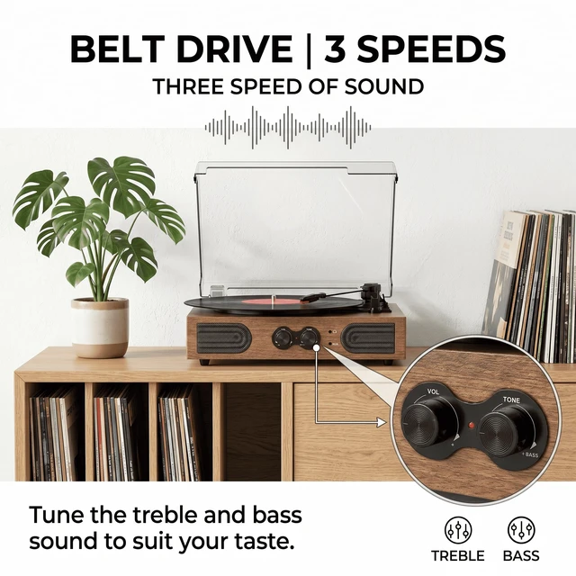 Alt view image 3 of 7 - Vintage Record Player 3 Speeds Turntable with Speakers, Bass Control,Walnut | Upgraded Built-in Speakers, Vintage Belt Drive Turntable, Treble & Bass Control, RCA-Out/AUX-in, Headphone Jack, Auto-Stop