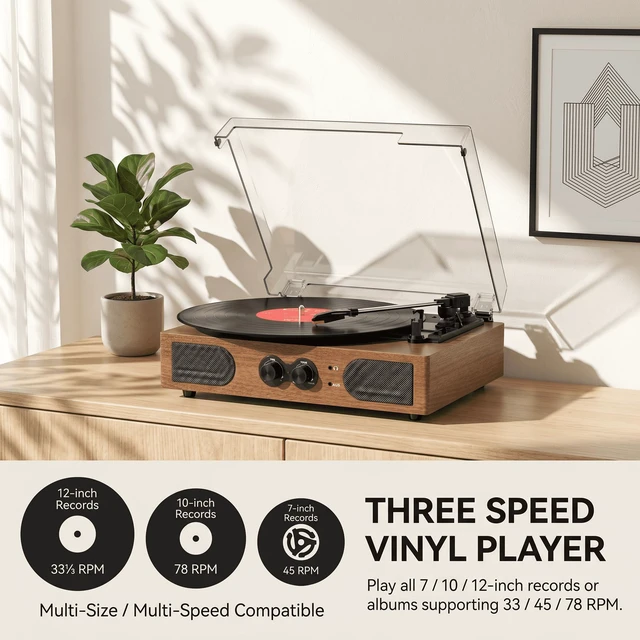 Alt view image 4 of 7 - Vintage Record Player 3 Speeds Turntable with Speakers, Bass Control,Walnut | Upgraded Built-in Speakers, Vintage Belt Drive Turntable, Treble & Bass Control, RCA-Out/AUX-in, Headphone Jack, Auto-Stop