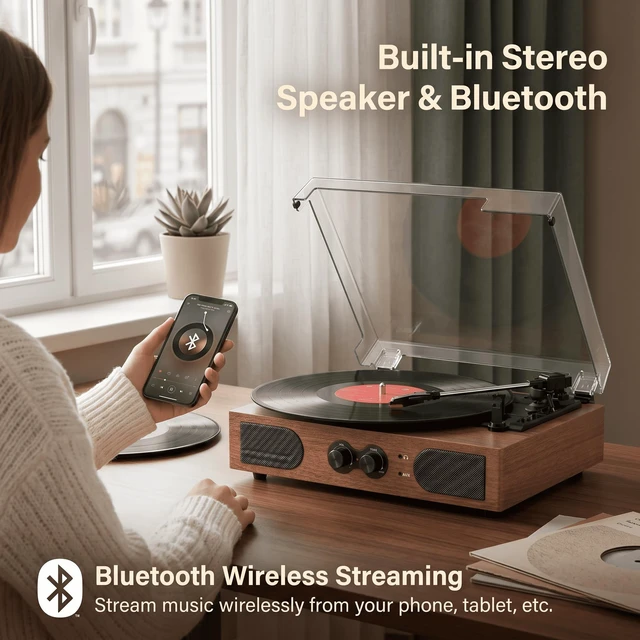Alt view image 5 of 7 - Vintage Record Player 3 Speeds Turntable with Speakers, Bass Control,Walnut | Upgraded Built-in Speakers, Vintage Belt Drive Turntable, Treble & Bass Control, RCA-Out/AUX-in, Headphone Jack, Auto-Stop