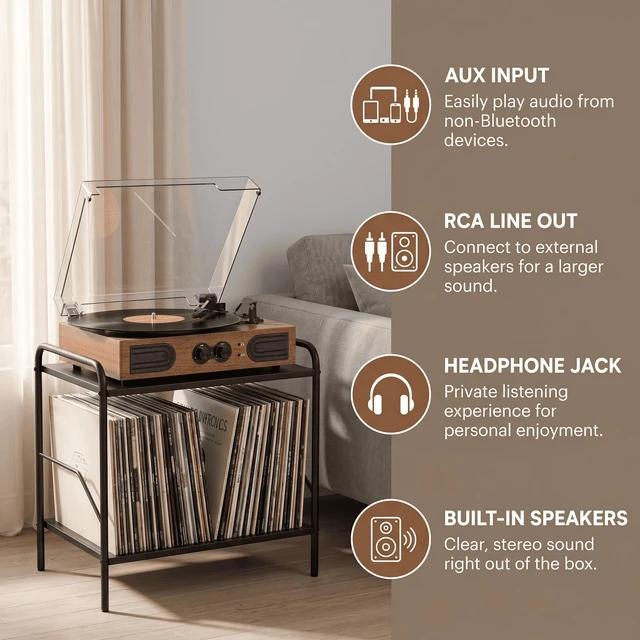 Alt view image 6 of 7 - Vintage Record Player 3 Speeds Turntable with Speakers, Bass Control,Walnut | Upgraded Built-in Speakers, Vintage Belt Drive Turntable, Treble & Bass Control, RCA-Out/AUX-in, Headphone Jack, Auto-Stop