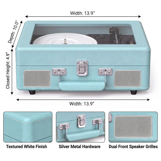 Alt view image 2 of 7 - Vinyl Record Player Bluetooth Turntable with Built-in Speakers | Bluetooth Input, Bass & Treble, Light, Belt-Drive, RCA Output, AUX in,Headphone Jack, Auto Stop Clear Dust Cover, Blue LP Player