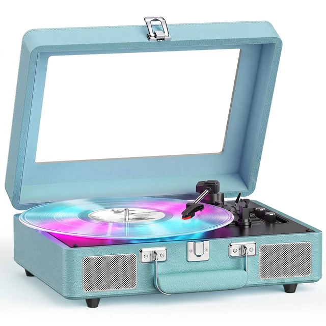 Main image of Vinyl Record Player Bluetooth Turntable with Built-in Speakers | Bluetooth Input, Bass & Treble, Light, Belt-Drive, RCA Output, AUX in,Headphone Jack, Auto Stop Clear Dust Cover, Blue LP Player