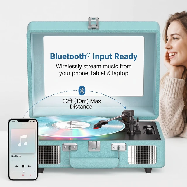 Alt view image 3 of 7 - Vinyl Record Player Bluetooth Turntable with Built-in Speakers | Bluetooth Input, Bass & Treble, Light, Belt-Drive, RCA Output, AUX in,Headphone Jack, Auto Stop Clear Dust Cover, Blue LP Player