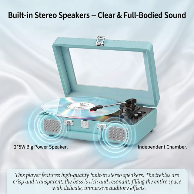 Alt view image 4 of 7 - Vinyl Record Player Bluetooth Turntable with Built-in Speakers | Bluetooth Input, Bass & Treble, Light, Belt-Drive, RCA Output, AUX in,Headphone Jack, Auto Stop Clear Dust Cover, Blue LP Player