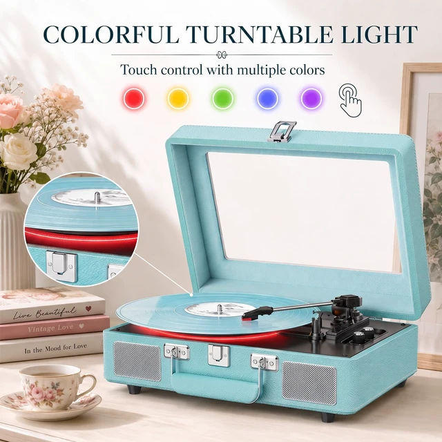 Alt view image 5 of 7 - Vinyl Record Player Bluetooth Turntable with Built-in Speakers | Bluetooth Input, Bass & Treble, Light, Belt-Drive, RCA Output, AUX in,Headphone Jack, Auto Stop Clear Dust Cover, Blue LP Player