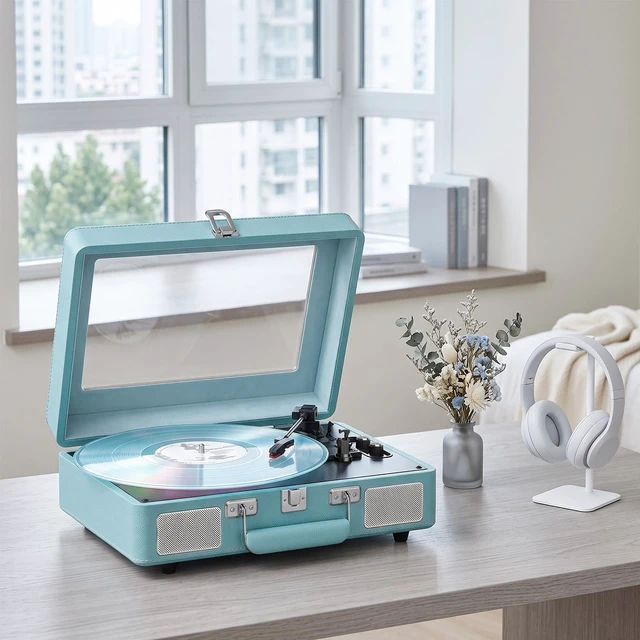 Alt view image 6 of 7 - Vinyl Record Player Bluetooth Turntable with Built-in Speakers | Bluetooth Input, Bass & Treble, Light, Belt-Drive, RCA Output, AUX in,Headphone Jack, Auto Stop Clear Dust Cover, Blue LP Player