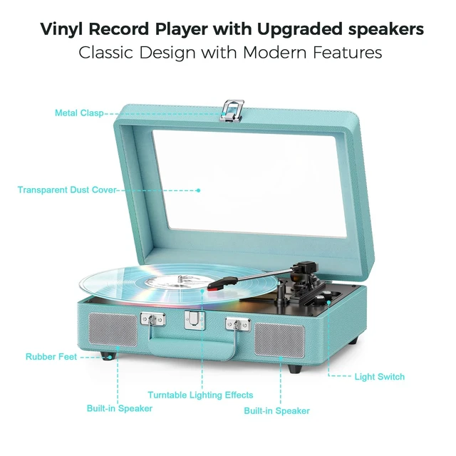 Alt view image 7 of 7 - Vinyl Record Player Bluetooth Turntable with Built-in Speakers | Bluetooth Input, Bass & Treble, Light, Belt-Drive, RCA Output, AUX in,Headphone Jack, Auto Stop Clear Dust Cover, Blue LP Player