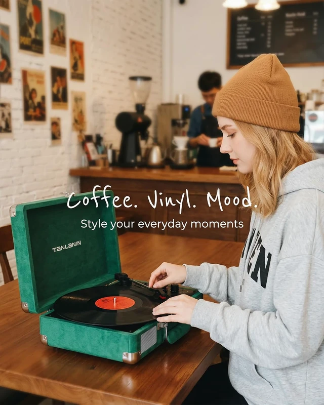 Alt view image 6 of 7 - Velvet Record Player with Built-in Speakers, Bass/Treble Control, Green | Vintage portable suitcase turntable Bluetooth input, 3-speed auto stop, RCA/AUX/headphone jack, home décor gift for dorms