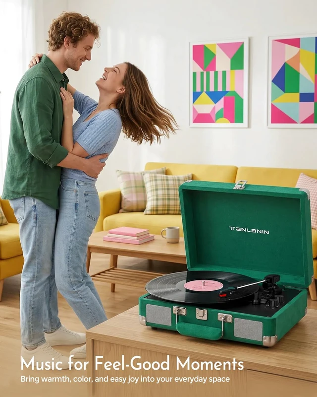 Alt view image 5 of 7 - Velvet Record Player with Built-in Speakers, Bass/Treble Control, Green | Vintage portable suitcase turntable Bluetooth input, 3-speed auto stop, RCA/AUX/headphone jack, home décor gift for dorms