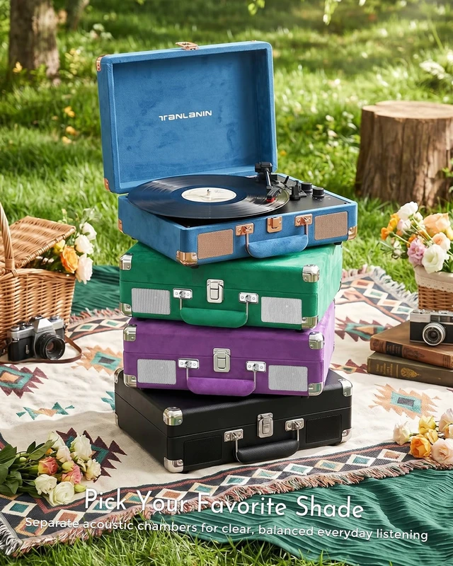 Alt view image 7 of 7 - Velvet Record Player with Built-in Speakers, Bass/Treble Control, Green | Vintage portable suitcase turntable Bluetooth input, 3-speed auto stop, RCA/AUX/headphone jack, home décor gift for dorms
