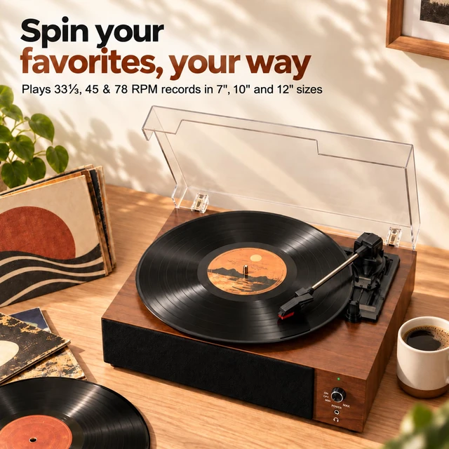 Alt view image 3 of 7 - Core Innovations Vinyl Record Player, Portable Bluetooth Turntable | 3-Speed Vinyl Player with Built-In Stereo Speakers, Rechargeable Battery, Walnut Wood-Grain Finish for Home & Gifts