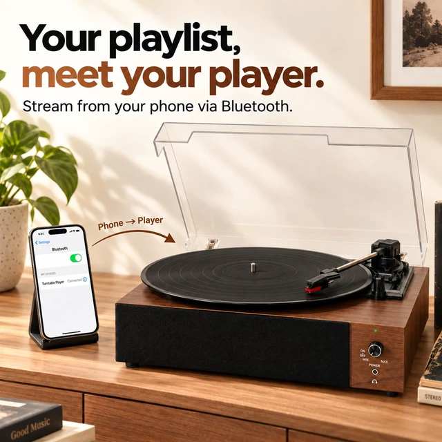 Alt view image 4 of 7 - Core Innovations Vinyl Record Player, Portable Bluetooth Turntable | 3-Speed Vinyl Player with Built-In Stereo Speakers, Rechargeable Battery, Walnut Wood-Grain Finish for Home & Gifts