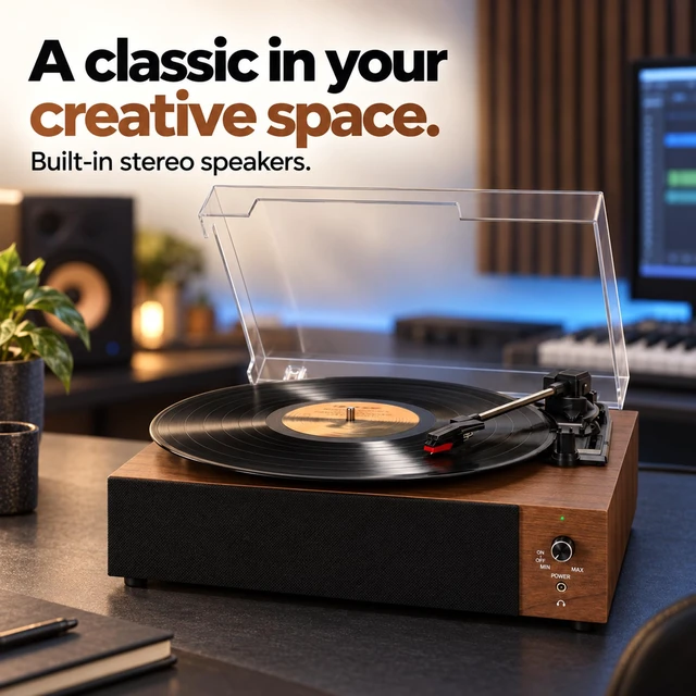 Alt view image 5 of 7 - Core Innovations Vinyl Record Player, Portable Bluetooth Turntable | 3-Speed Vinyl Player with Built-In Stereo Speakers, Rechargeable Battery, Walnut Wood-Grain Finish for Home & Gifts